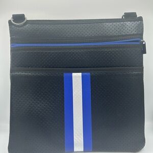 HAUTE SHORE Black Tote with Blue and Silver Stripe